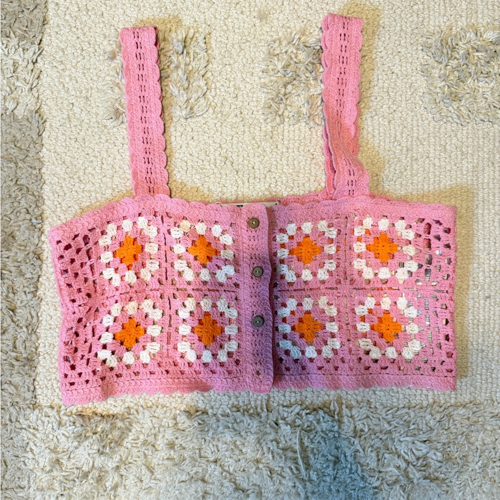 Pink Crochet Crop Top with Floral Pattern